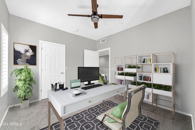 office space featuring carpet flooring and ceiling fan