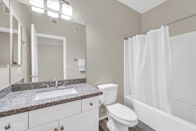 full bathroom featuring vanity, toilet, and shower / tub combo with curtain