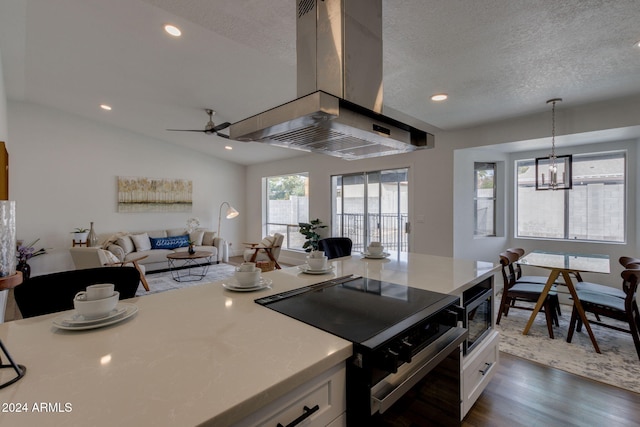 kitchen featuring dark wood-type flooring, white cabinets, decorative light fixtures, island exhaust hood, and stainless steel appliances