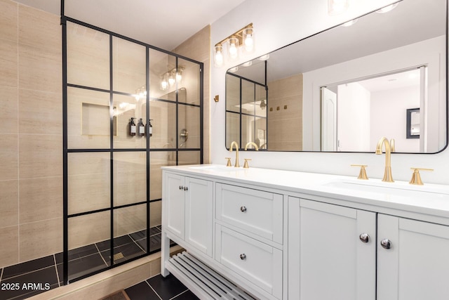 3150 E Beardsley Rd Unit 1081, Phoenix, AZ 85050 - bathroom with tiled shower, double vanity, and tile patterned floors