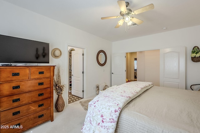 carpeted bedroom with ceiling fan and a walk in closet