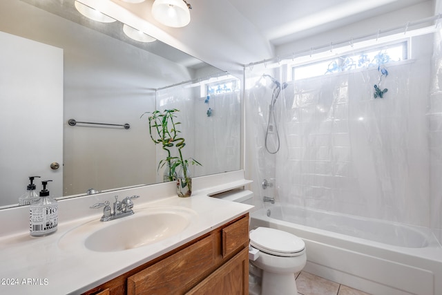 full bathroom with toilet, tile patterned flooring, vanity, and shower / tub combo