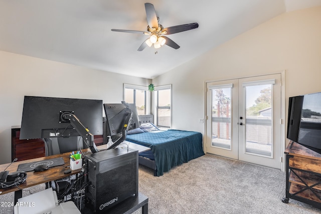 carpeted bedroom with access to outside, multiple windows, french doors, and vaulted ceiling