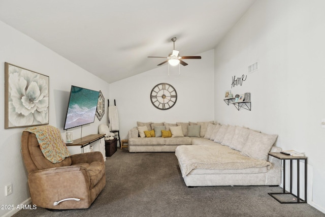 carpeted living room with vaulted ceiling and ceiling fan