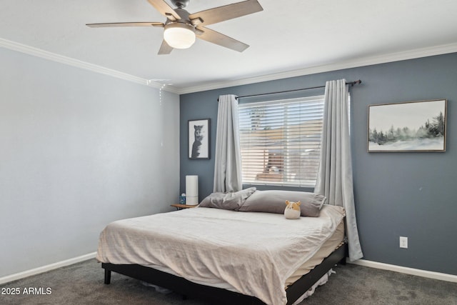 carpeted bedroom featuring crown molding and ceiling fan