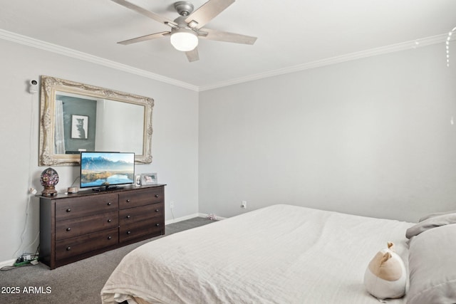 bedroom featuring crown molding, carpet, and ceiling fan