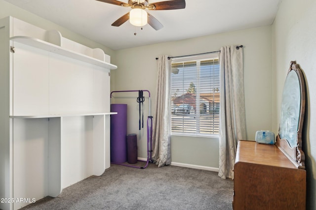 bedroom with light colored carpet and ceiling fan