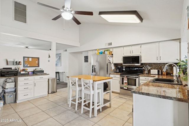 kitchen featuring white cabinetry, sink, backsplash, and appliances with stainless steel finishes