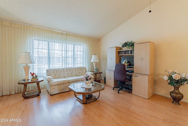 living room featuring light wood-type flooring and high vaulted ceiling