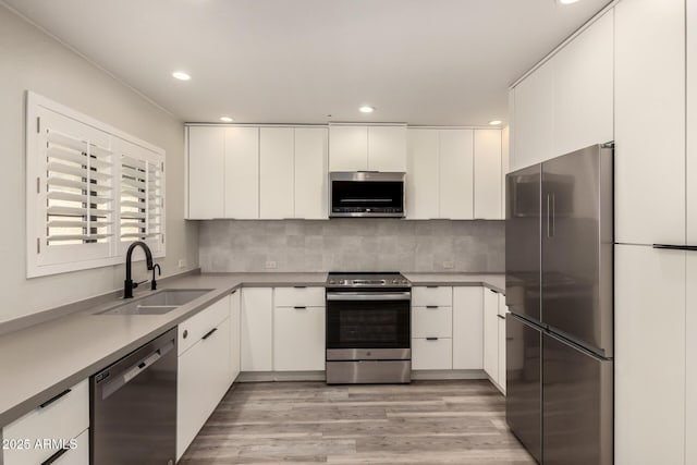 8540 N Central Ave Unit 6, Phoenix, AZ 85020 - kitchen featuring appliances with stainless steel finishes, light wood-style flooring, white cabinets, tasteful backsplash, and recessed lighting