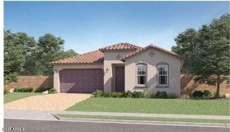 4924 S 232nd Ln, Buckeye, AZ 85326 - mediterranean / spanish-style home featuring an attached garage, a tile roof, stucco siding, and driveway