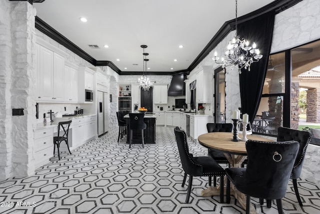 dining space with ornamental molding, visible vents, a chandelier, and recessed lighting