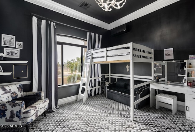 bedroom featuring crown molding, a wall unit AC, baseboards, visible vents, and an inviting chandelier