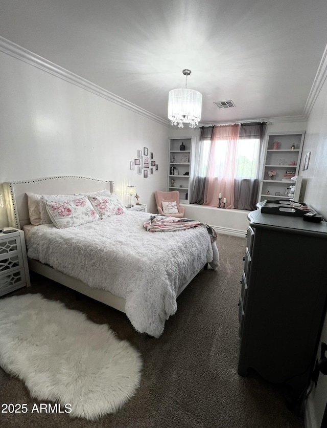 carpeted bedroom with a notable chandelier, visible vents, and crown molding