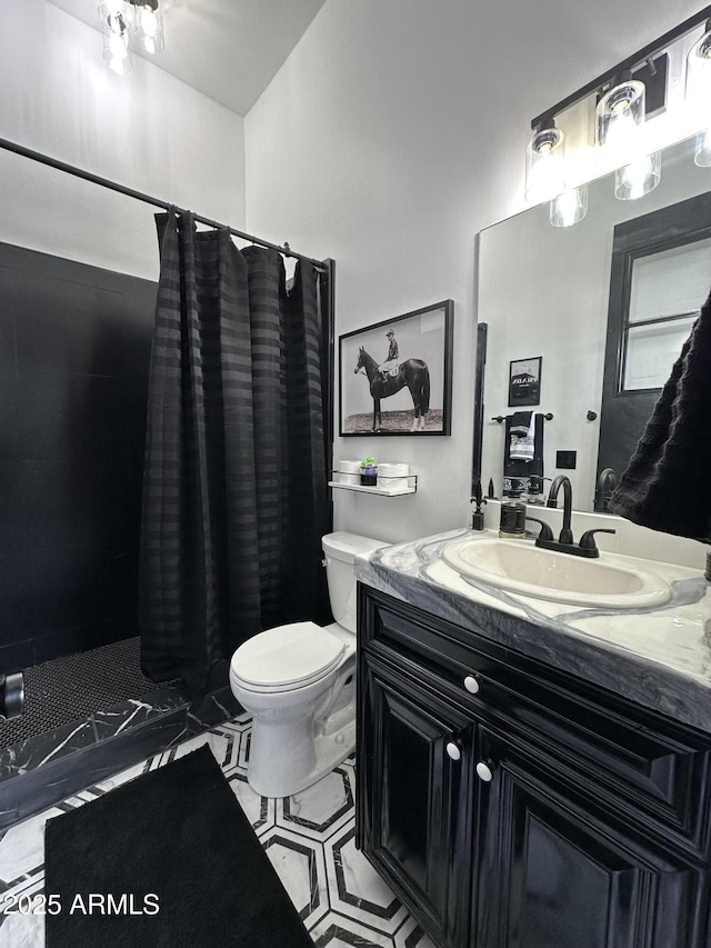 bathroom with a shower with shower curtain, toilet, and vanity