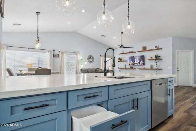 kitchen featuring dark hardwood / wood-style floors, light stone countertops, sink, stainless steel dishwasher, and lofted ceiling