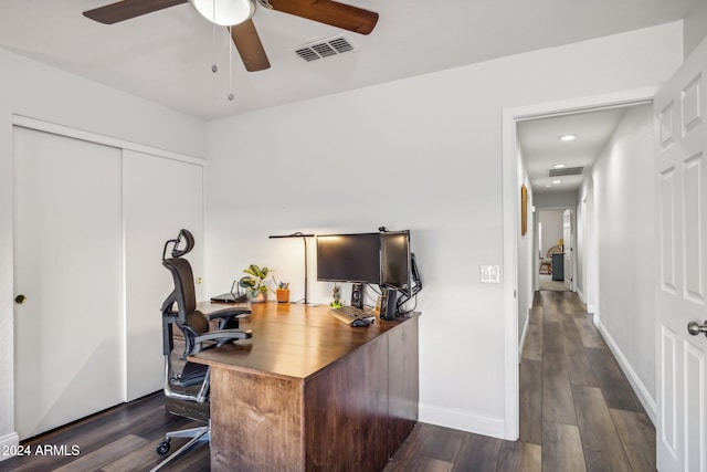 home office featuring ceiling fan and dark hardwood / wood-style floors