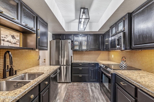 kitchen featuring dark wood-type flooring, sink, light stone counters, tasteful backsplash, and stainless steel appliances