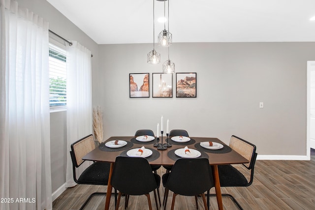 dining space featuring baseboards and wood finished floors