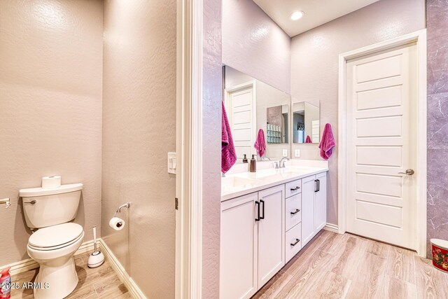 bathroom with vanity, toilet, and wood-type flooring