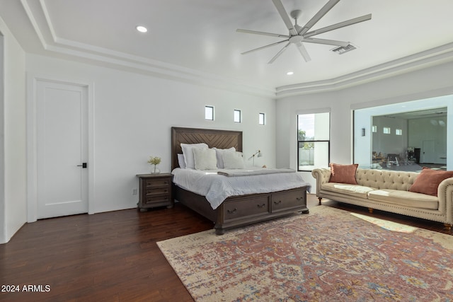 bedroom featuring ceiling fan and dark hardwood / wood-style flooring