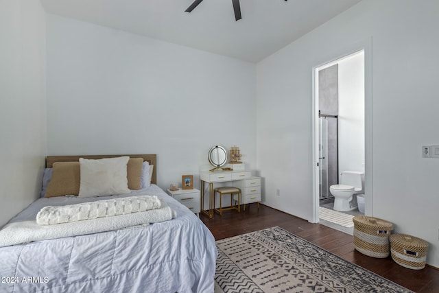 bedroom featuring connected bathroom, ceiling fan, and dark hardwood / wood-style floors