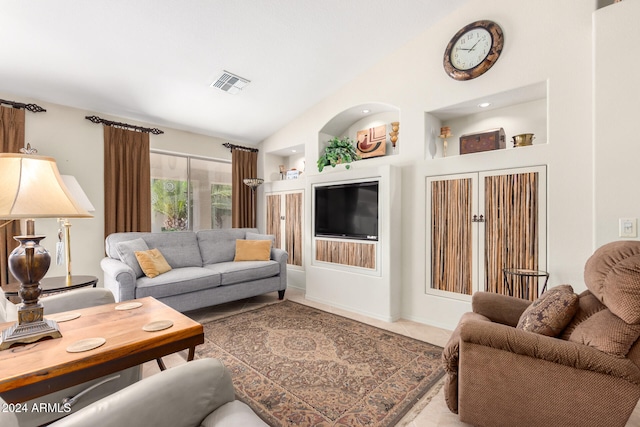 tiled living room with built in features