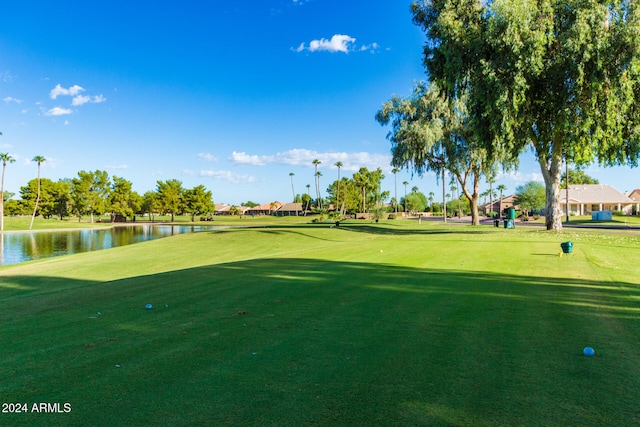 view of community with a water view and a lawn