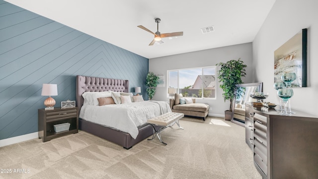 25228 S Star Dr, Queen Creek, AZ 85142 - bedroom featuring baseboards, ceiling fan, visible vents, wooden walls, and carpet floors
