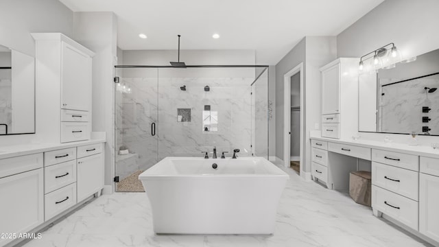 25228 S Star Dr, Queen Creek, AZ 85142 - bathroom with a marble finish shower, a freestanding bath, marble finish floor, vanity, and recessed lighting