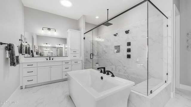 25228 S Star Dr, Queen Creek, AZ 85142 - full bathroom with a marble finish shower, a freestanding bath, baseboards, marble finish floor, and vanity