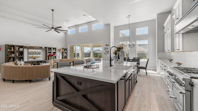 25228 S Star Dr, Queen Creek, AZ 85142 - kitchen featuring ceiling fan with notable chandelier, a sink, range with two ovens, under cabinet range hood, and light countertops