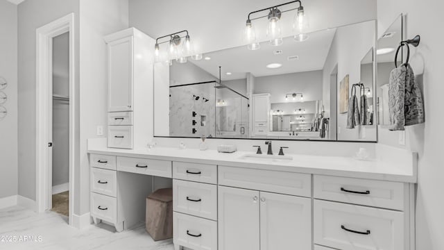 25228 S Star Dr, Queen Creek, AZ 85142 - bathroom with vanity, a marble finish shower, baseboards, and marble finish floor