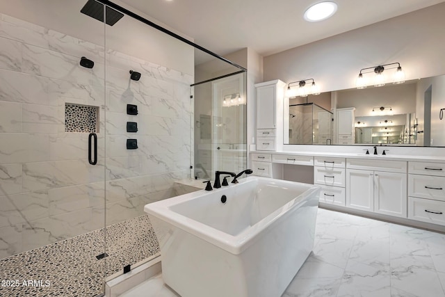25228 S Star Dr, Queen Creek, AZ 85142 - bathroom with a shower stall, marble finish floor, vanity, and a freestanding tub