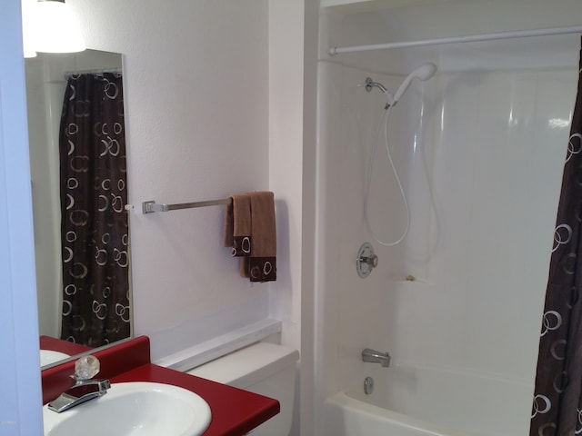 bathroom with vanity and shower / bathtub combination with curtain