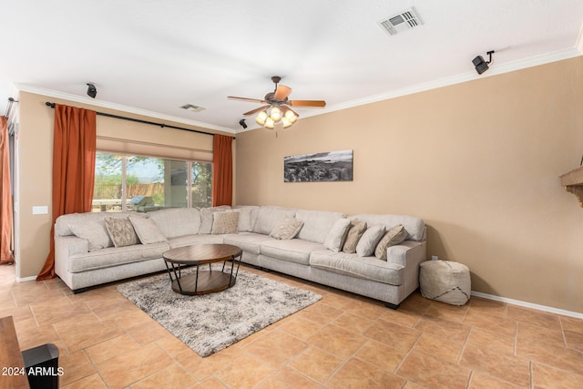 10902 E Silver Mine Rd, Gold Canyon, AZ 85118 - living room with ceiling fan and crown molding