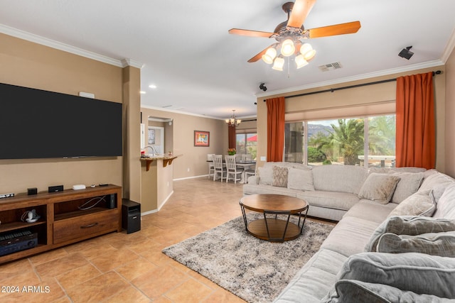 10902 E Silver Mine Rd, Gold Canyon, AZ 85118 - living room with ceiling fan with notable chandelier and crown molding