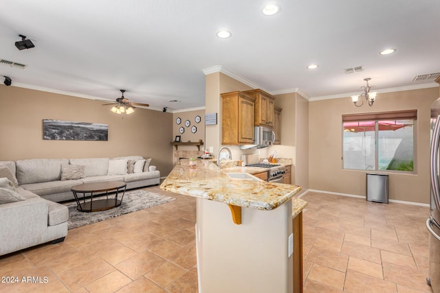10902 E Silver Mine Rd, Gold Canyon, AZ 85118 - kitchen featuring kitchen peninsula, ceiling fan with notable chandelier, stainless steel appliances, sink, and a breakfast bar area
