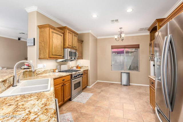 10902 E Silver Mine Rd, Gold Canyon, AZ 85118 - kitchen featuring light stone countertops, stainless steel appliances, crown molding, sink, and a chandelier