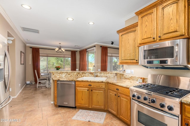 10902 E Silver Mine Rd, Gold Canyon, AZ 85118 - kitchen featuring stainless steel appliances, an inviting chandelier, crown molding, and sink