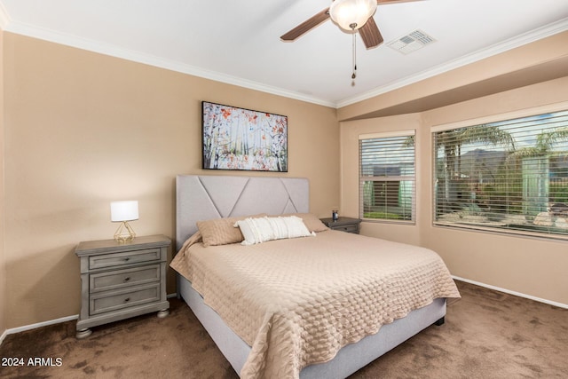 10902 E Silver Mine Rd, Gold Canyon, AZ 85118 - bedroom with dark colored carpet, ceiling fan, and crown molding