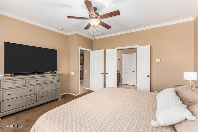 10902 E Silver Mine Rd, Gold Canyon, AZ 85118 - bedroom featuring dark colored carpet, ceiling fan, and crown molding