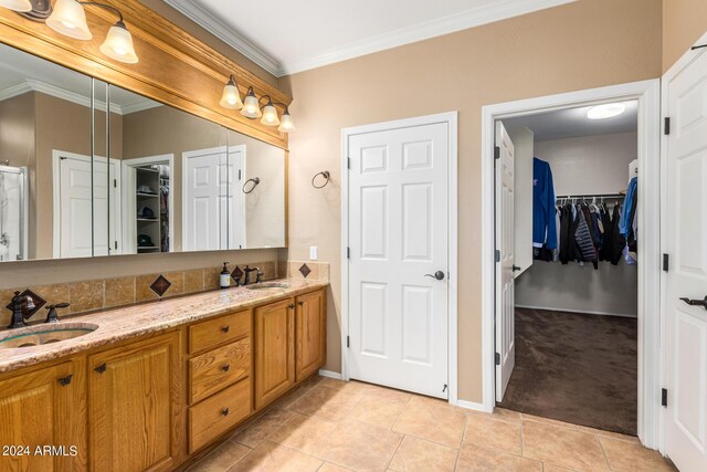 10902 E Silver Mine Rd, Gold Canyon, AZ 85118 - bathroom with vanity, tile patterned floors, a shower with shower door, and crown molding