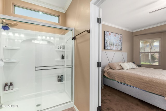 10902 E Silver Mine Rd, Gold Canyon, AZ 85118 - bathroom featuring a shower with door, a healthy amount of sunlight, and ornamental molding