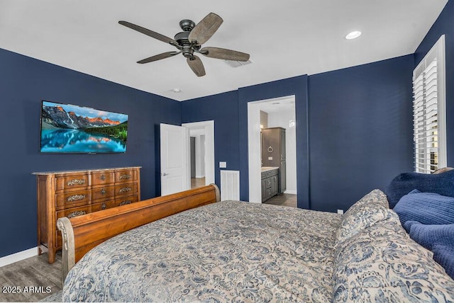 175 E Santa Lucia Ln, Queen Creek, AZ 85140 - bedroom featuring baseboards, ensuite bath, a ceiling fan, visible vents, and wood finished floors