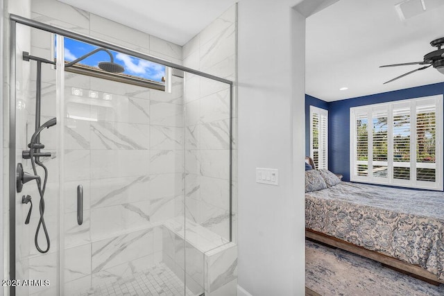 175 E Santa Lucia Ln, Queen Creek, AZ 85140 - full bathroom with ensuite bathroom, a ceiling fan, a stall shower, and a healthy amount of sunlight