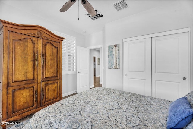 175 E Santa Lucia Ln, Queen Creek, AZ 85140 - bedroom with visible vents, a closet, baseboards, and a ceiling fan
