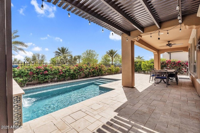175 E Santa Lucia Ln, Queen Creek, AZ 85140 - view of pool featuring a pergola, a fenced backyard, a ceiling fan, a patio, and outdoor dining space
