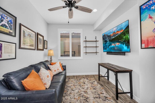175 E Santa Lucia Ln, Queen Creek, AZ 85140 - living room featuring wood finished floors, ceiling fan, baseboards, and recessed lighting