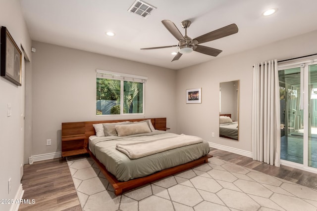 bedroom with access to outside, ceiling fan, and light wood-type flooring